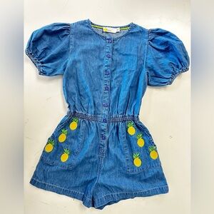 Mini Boden Embroidered Pineapple Denim Short Romper 7/8
